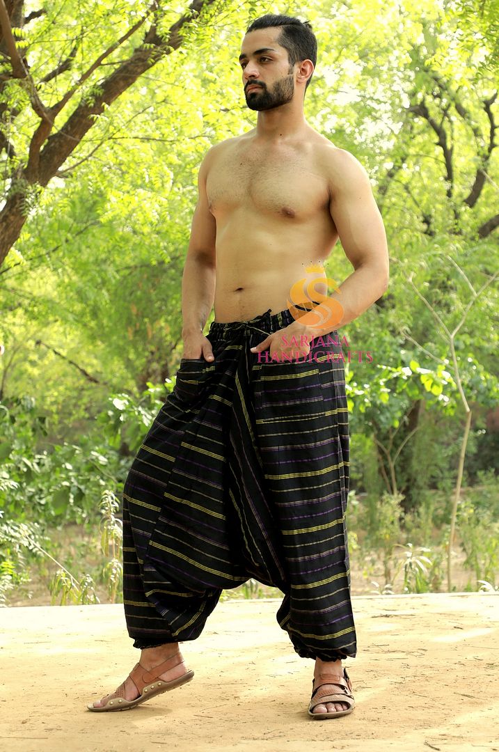 Men Cotton Turquoise Pockets Harem Yoga Pants Women Striped Drop Crotch Pant SC
